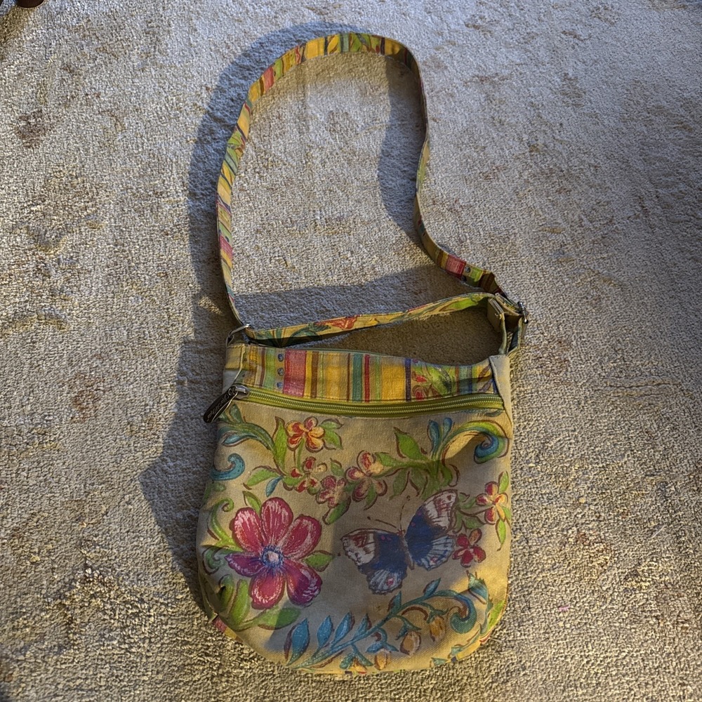 Kate McRostie Floral Butterfly Hand Painted Canvas shoulder Bag handbag 10"x11"